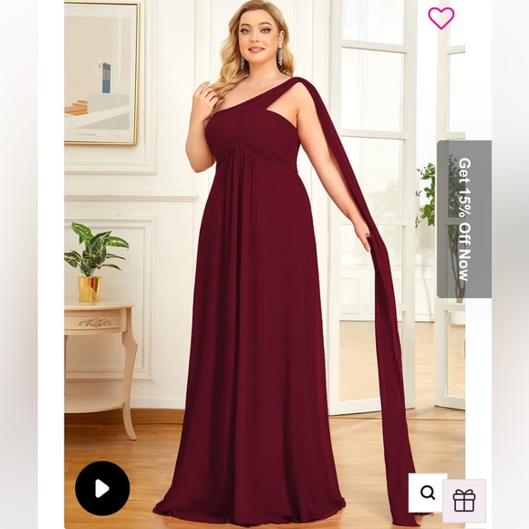 Pleated One Shoulder Long Chiffon Formal Evening Dress, Burgundy - Picture 6 of 7